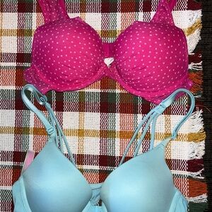 PINK Victoria's Secret Polka Dot Fuchsia and Solid Light Blue Bras